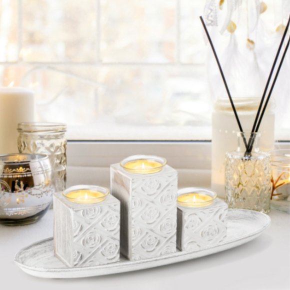 Set of 3 / 3 Sizes - Tealight / Votive Candle Holders with Wooden Stands & Tray - Picture 9 of 11